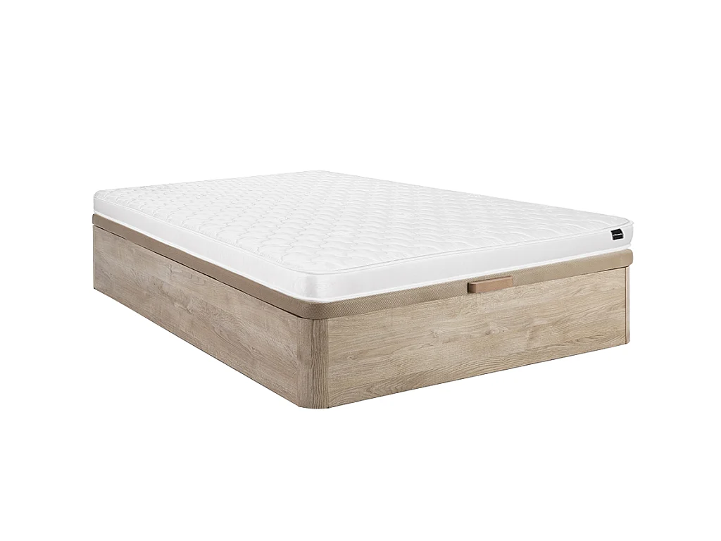 Set aus Bettgestell mit Bettkasten + Schaumstoffmatratze - 140 x 190 cm - Stärke 15 cm - Holzfarben hell - DANAE II von YSMÉE