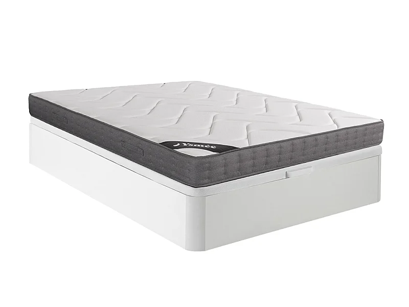 Ensemble 140 x 190 cm sommier coffre blanc + matelas ressorts ensachés 5 zones accueil mémoire de forme ép.23cm - BABYLONE de YSMÉE