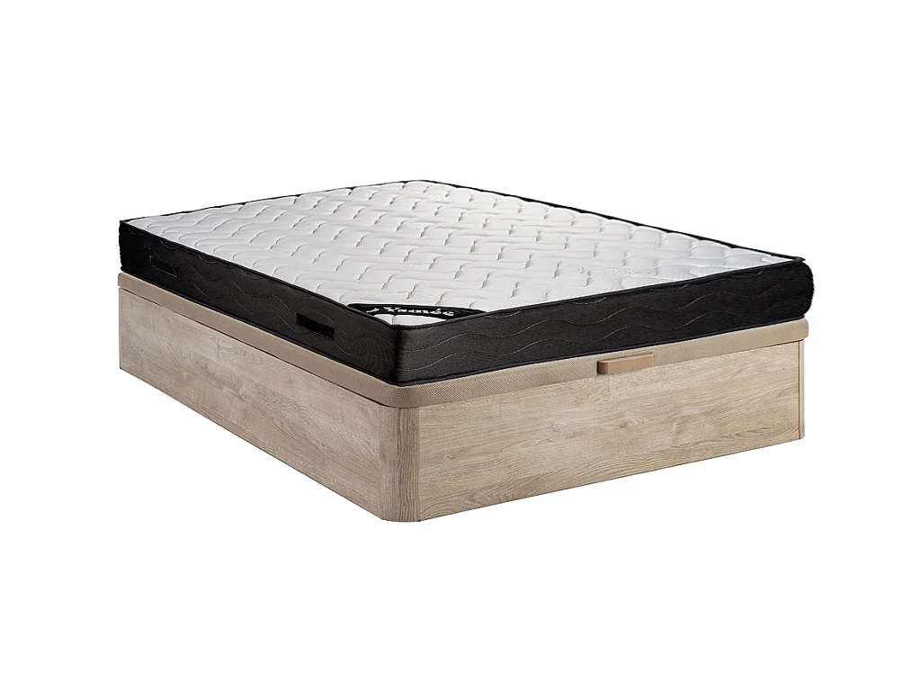 Set aus Bettgestell mit Bettkasten + Matratze - 160 x 200 cm - 7-Zonen-Taschenfederkern & Memory Schaum - Stärke 24 cm - Holzfarben hell - MERISI von YSMÉE