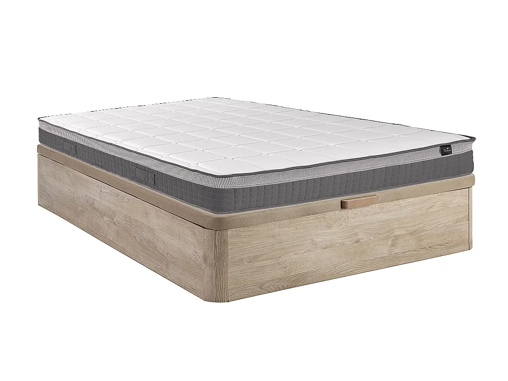 Ensemble 140 x 190 cm sommier coffre naturel clair + matelas hybride ressorts ensachés 7 zones et mémoire de forme ép.29cm - MONTAIGNE II de PALACIO