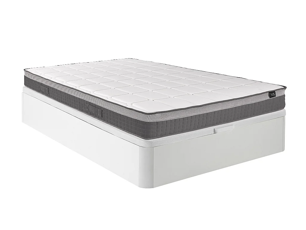 Ensemble 140 x 190 cm sommier coffre blanc + matelas hybride ressorts ensachés 7 zones et mémoire de forme ép.29cm - MONTAIGNE II de PALACIO
