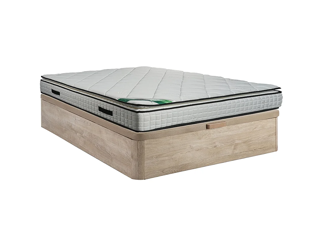 Set aus Bettgestell mit Bettkasten + Schaumstoffmatratze - Bambusbezug - 140 x 190 cm - Stärke 23 cm - Holzfarben hell - ADANA von NATUREA