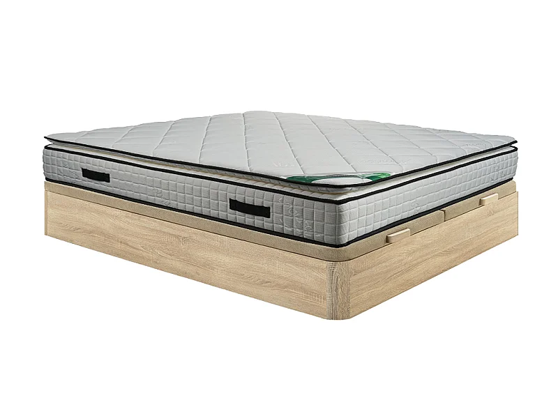 Set aus Bettgestell mit Bettkasten + Schaumstoffmatratze - Bambusbezug - 180 x 200 cm - Stärke 23 cm - Holzfarben hell - ADANA von NATUREA