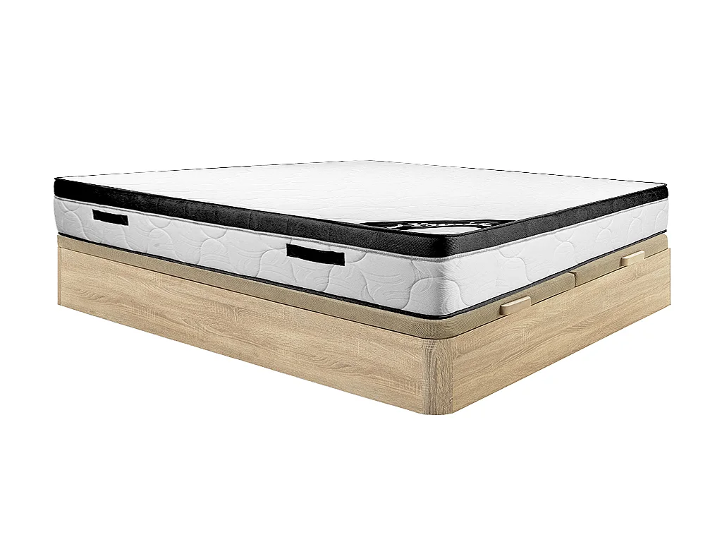 Set aus Bettgestell mit Bettkasten + Schaumstoffmatratze - 180 x 200 cm - Stärke 30 cm - Holzfarben hell - SOLAK von YSMÉE