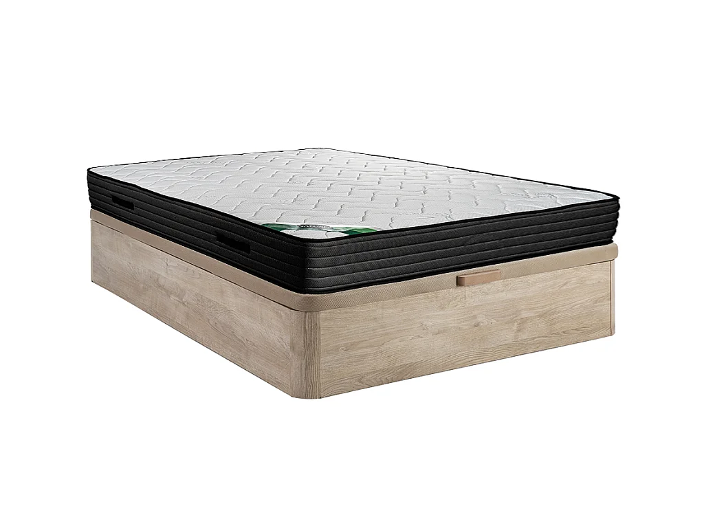 Set aus Bettgestell mit Bettkasten + Schaumstoffmatratze - 160 x 200 cm - Bambusbezug - Stärke 25 cm - Holzfarben hell - BERENDI von NATUREA
