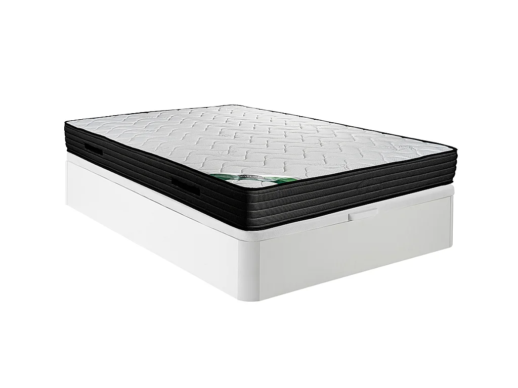 Ensemble 140 x 190 cm sommier coffre blanc + matelas mousse et coutil bambou ép.25cm - BERENDI de NATUREA