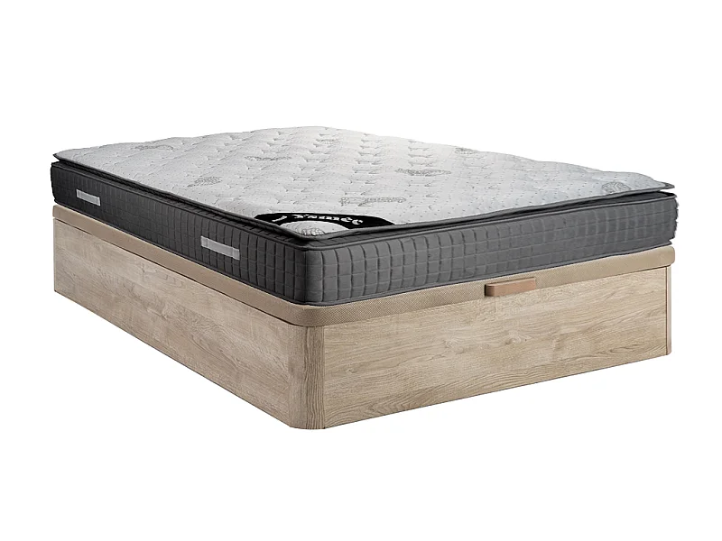 Set aus Bettgestell mit Bettkasten + Matratze - 160 x 200 cm - Hybridmatratze - 7-Zonen-Taschenfederkern & Memory Schaum - Stärke 28 cm - Holzfarben hell - MARANI von YSMÉE
