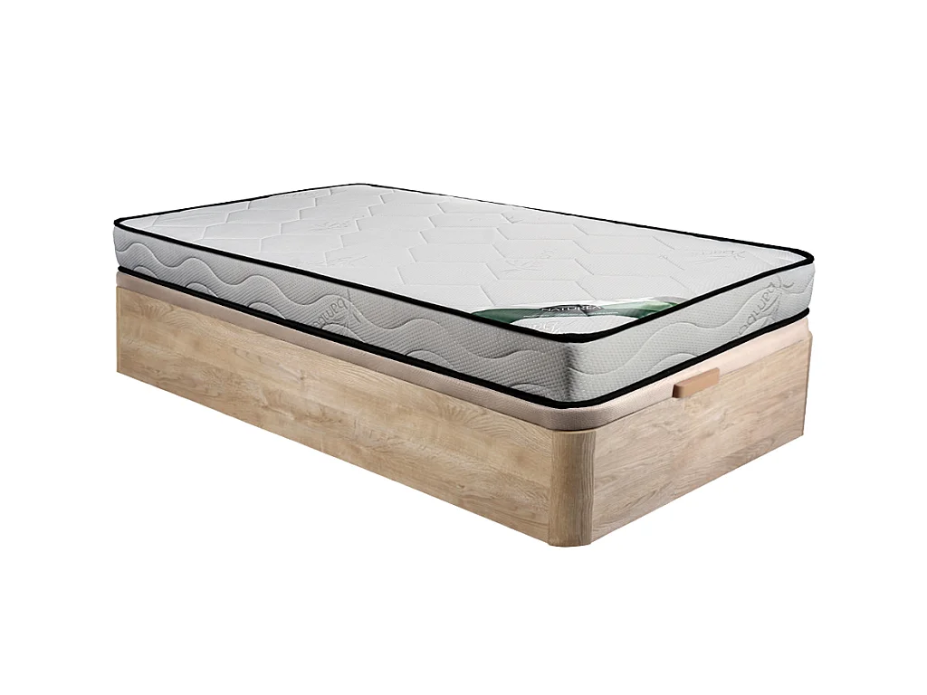 Zestaw 90 x 190 cm stelaż ze skrzynią naturalny jasny + materac piankowy o grub. 15 cm z bambusowym pokrowcem - KANANI marki NATUREA