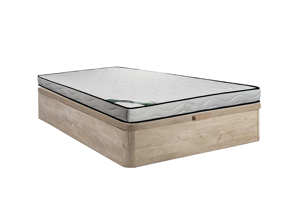 Set aus Bettgestell mit Bettkasten + Schaumstoffmatratze - 160 x 200 cm - Bambusbezug - Stärke 15 cm - Holzfarben hell - KANANI von NATUREA