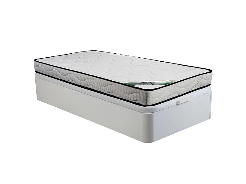 Set aus Bettgestell mit Bettkasten + Schaumstoffmatratze - 90 x 190 cm - Bambusbezug - Stärke 15 cm - Weiß - KANANI von NATUREA