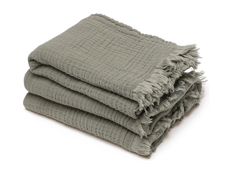 Drap de douche 70x130 cm et serviette 50x90 cm KEA mousseline de coton vert kaki