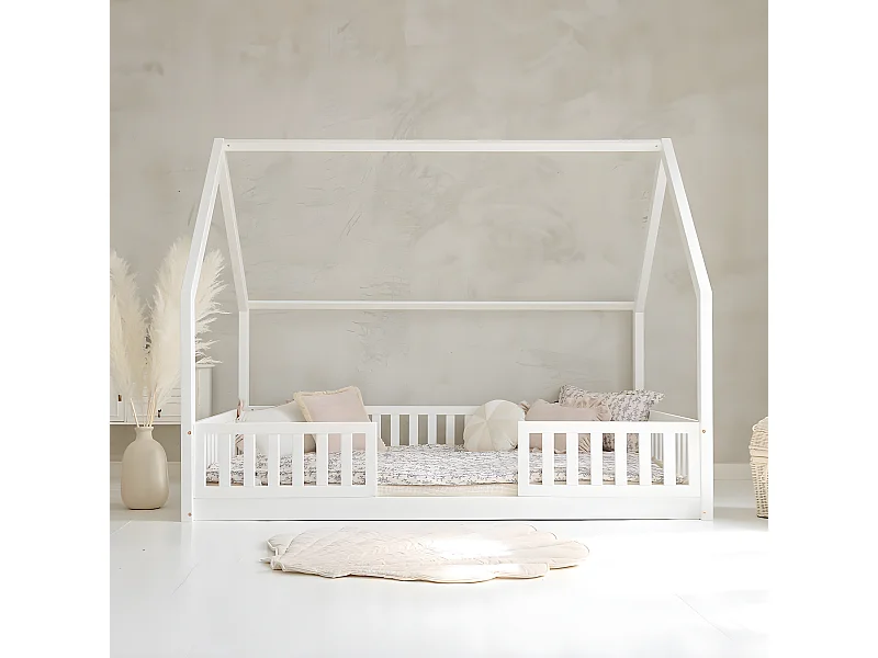 Cama de cabana 140x200 barreiras e estrado de molas incluídos pés 1 cm Daisy White