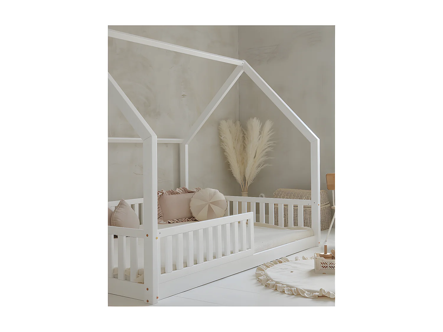 Lit cabane 140x200 barrière et sommier inclus pieds 1 cm Daisy Blanc