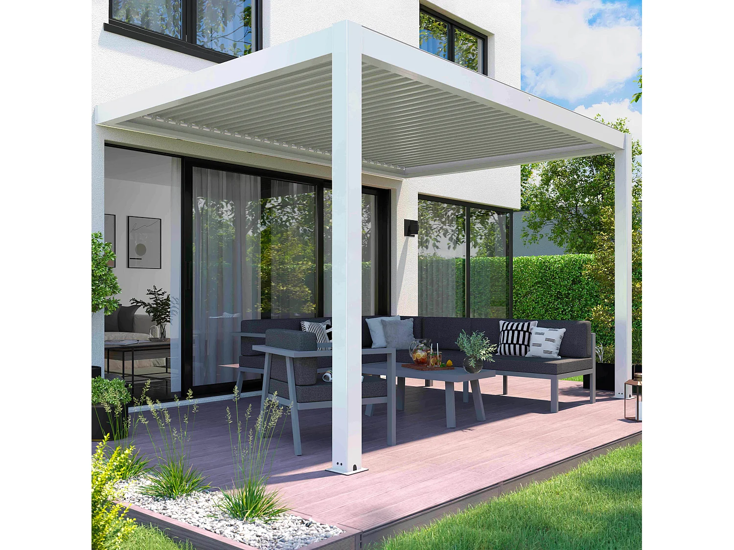 Pergola bioclimatique adossée motorisée en aluminium 3x4 m blanc