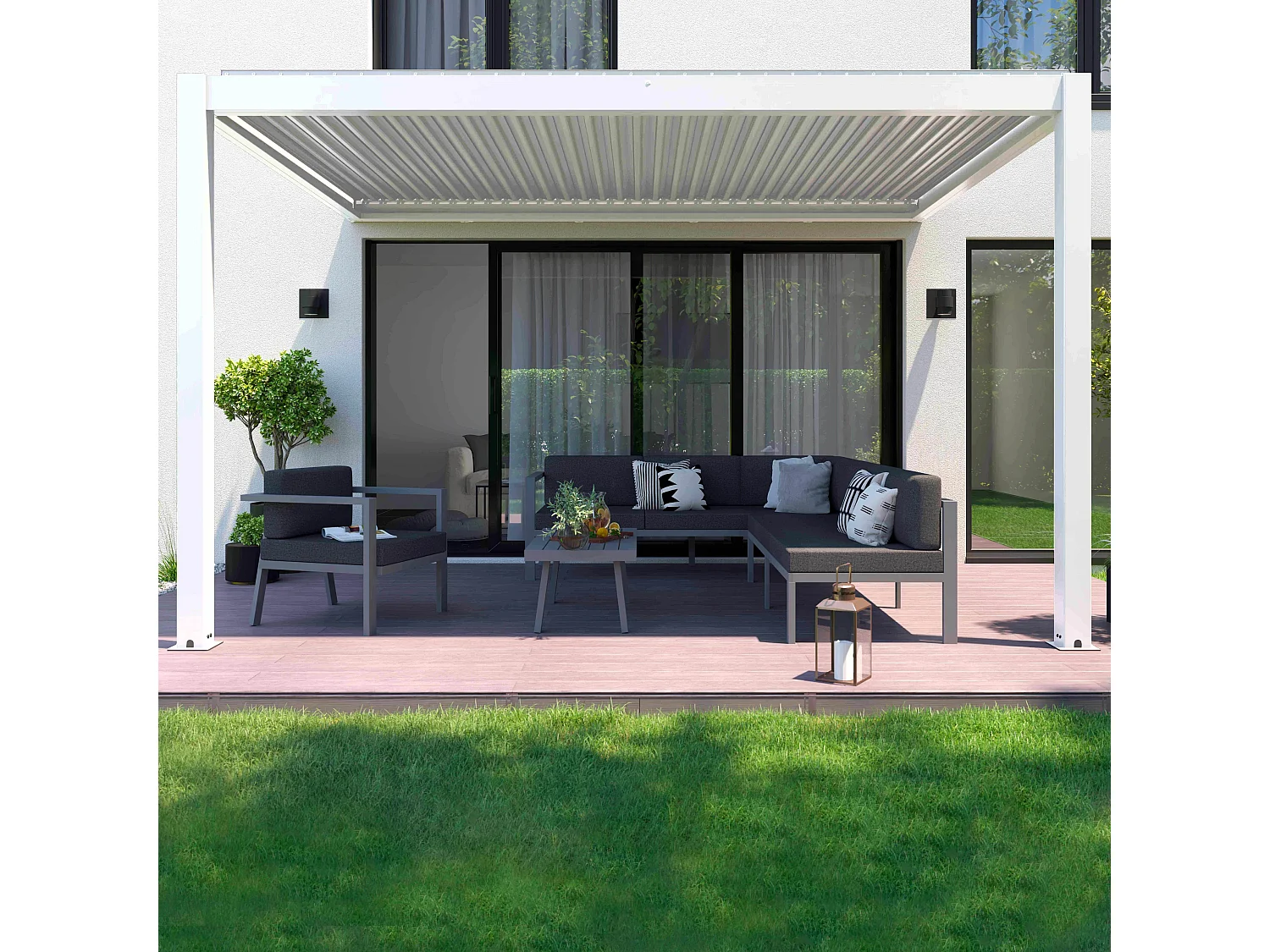 Pergola bioclimatique adossée motorisée en aluminium 3x4 m blanc