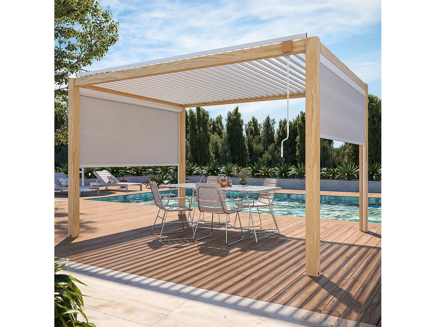 Pergola bioclimatique autoportée en bois blanc 3x4m + 2 stores