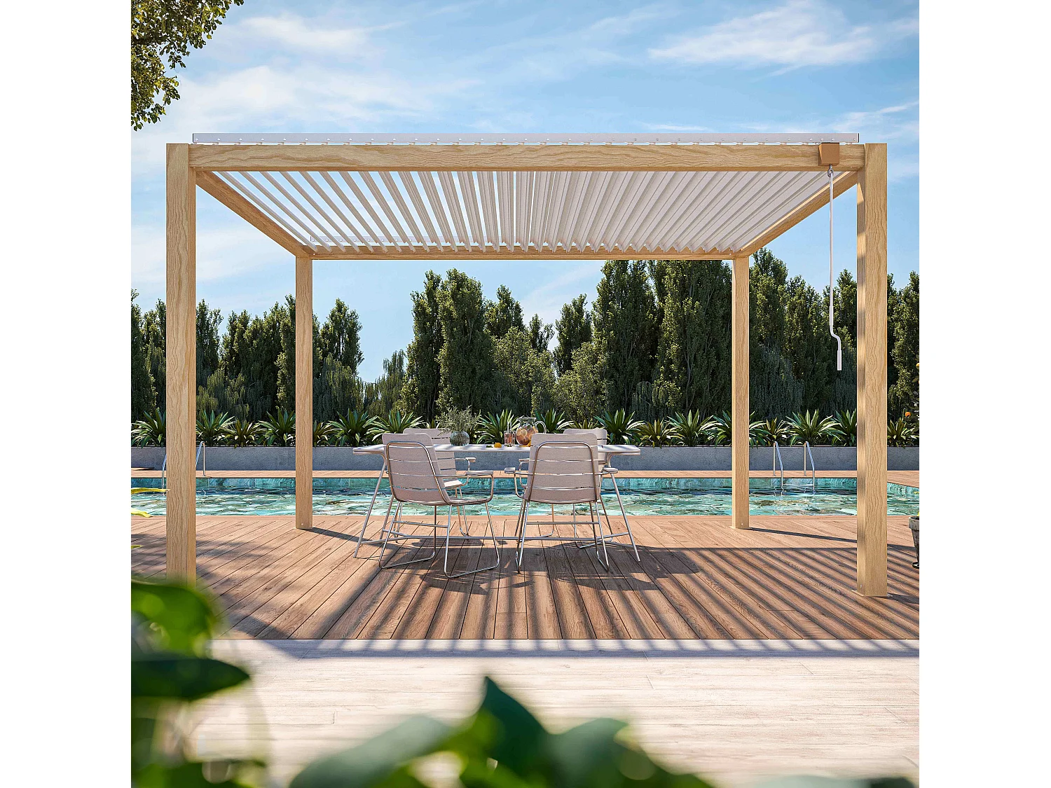 Pergola bioclimatique autoportée en bois blanc 3x4m + 2 stores