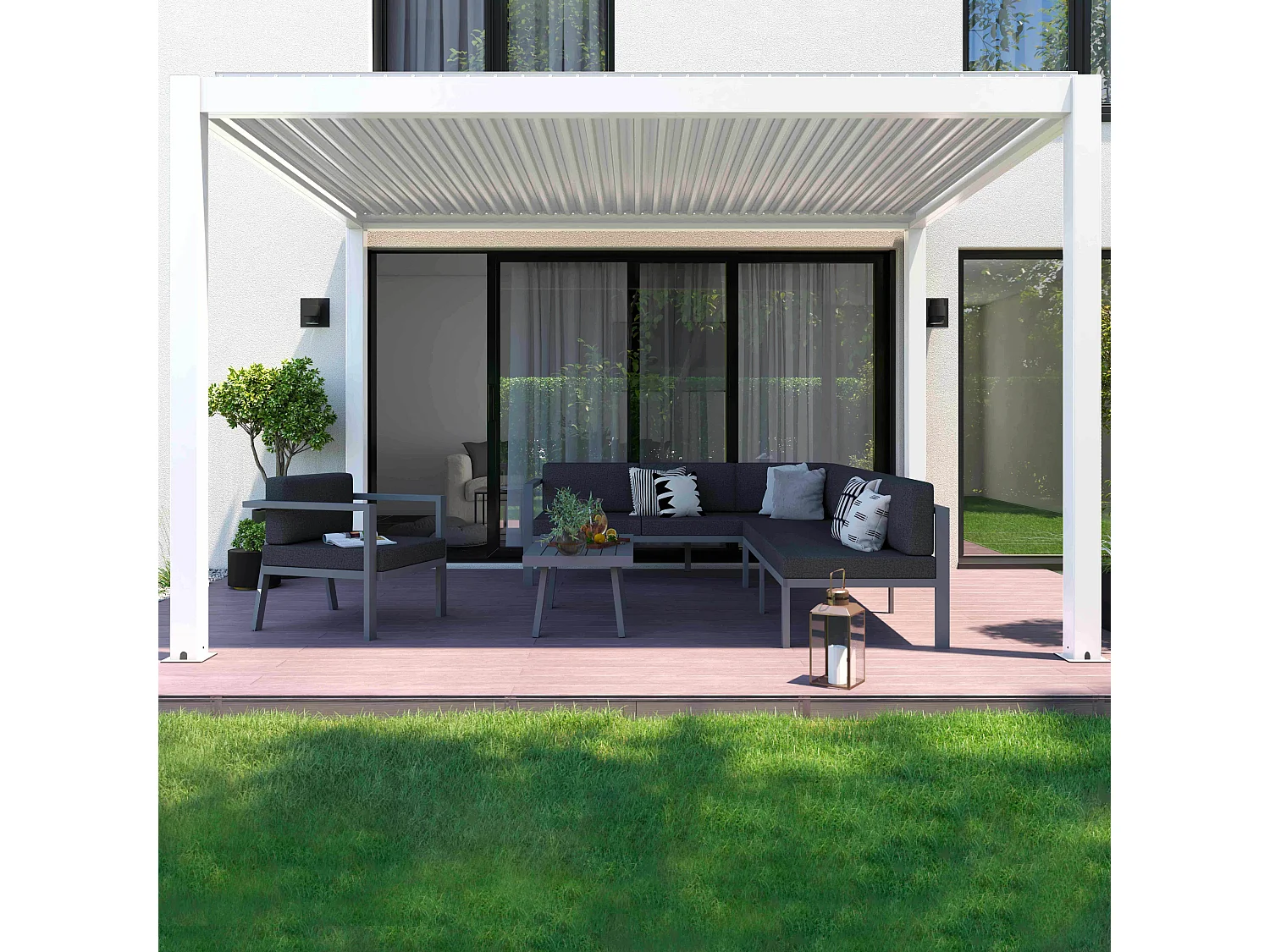 Pergola bioclimatique autoportée motorisée et éclairée 3x4 m blanc