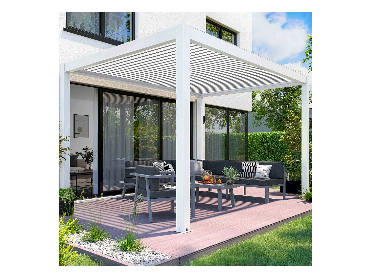 Pergola bioclimatique autoportée motorisée et éclairée 3x4 m blanc