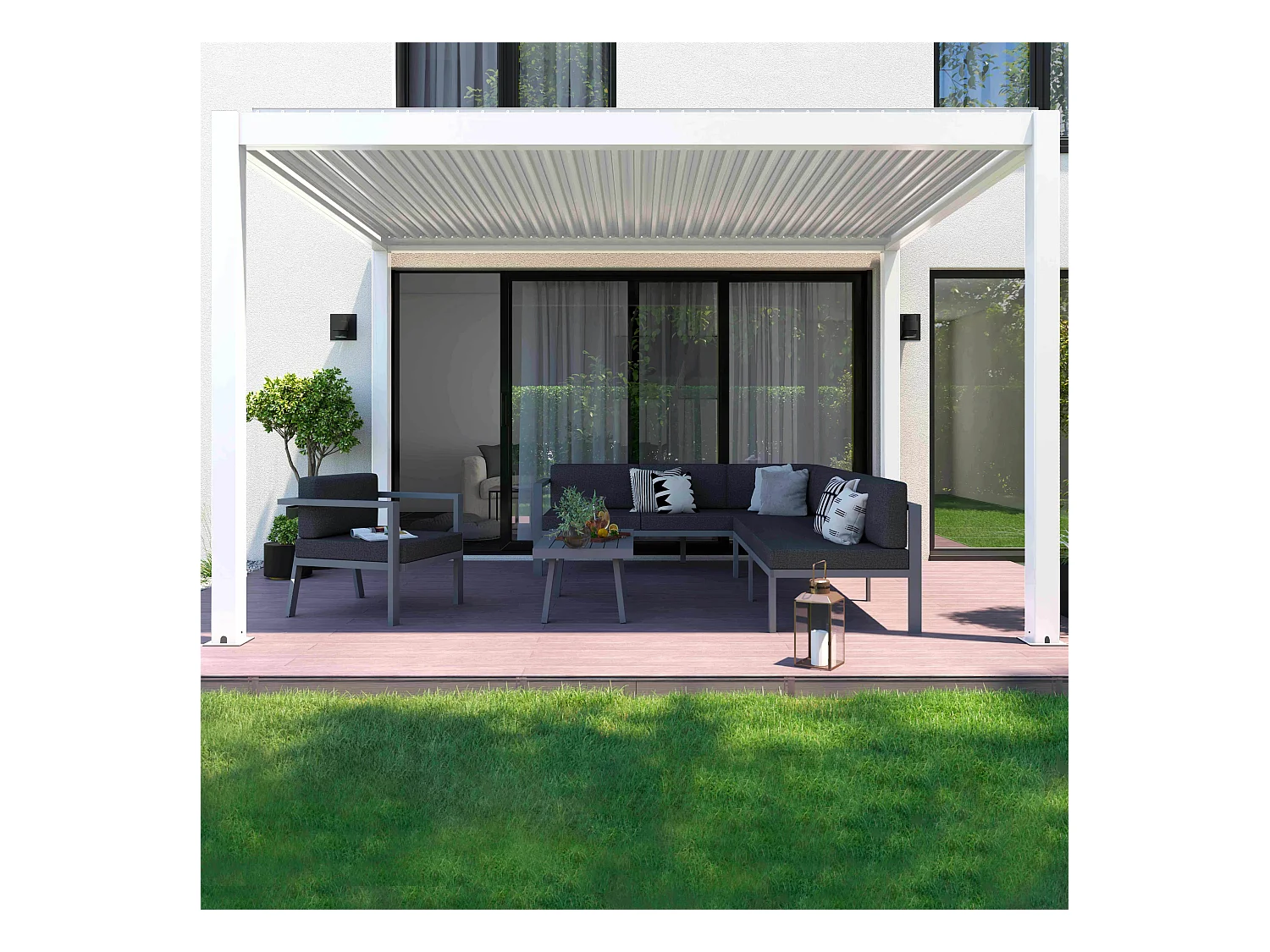Pergola bioclimatique autoportée motorisée et éclairée 3x4 m blanc