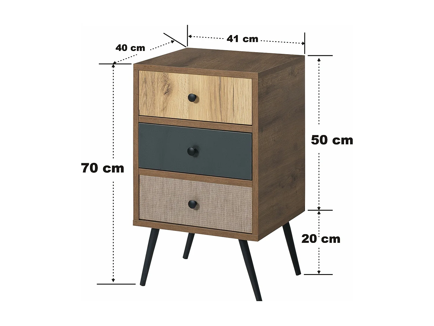 Table de chevet à 3 tiroirs Louan L41xH70cm Bois clair, Anthracite et Taupe