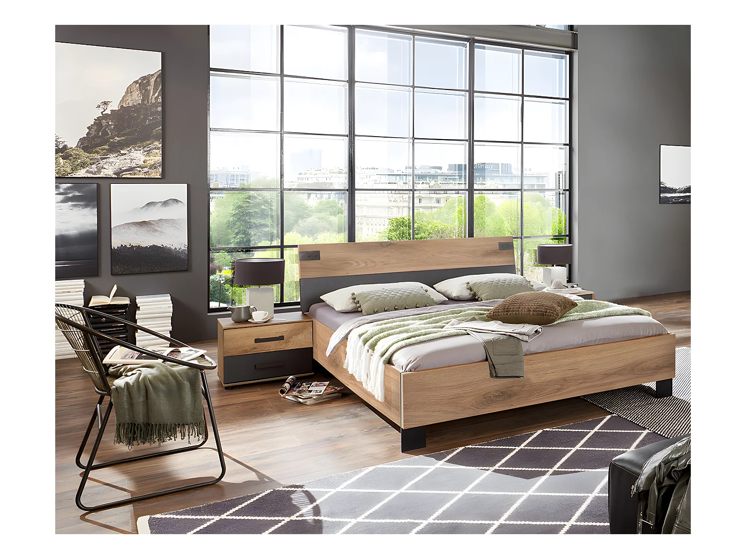 Lit adulte double + chevets coloris chêne foncé - L. 168 x P. 210 x H. 94 cm