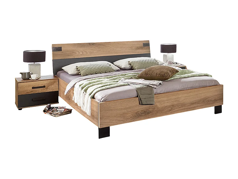 Lit adulte double + chevets coloris chêne foncé - L. 168 x P. 210 x H. 94 cm