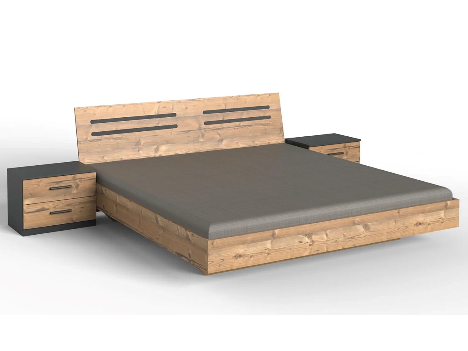 Lit adulte double 160 x 200 + 2 chevets coloris effet bois - L. 169 x P. 210 x H. 81 cm