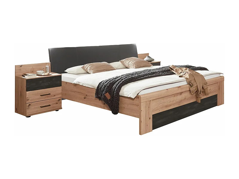 Lit adulte double 180x200 cm King Size + 2 chevets coloris imitation chêne Artisan/graphite