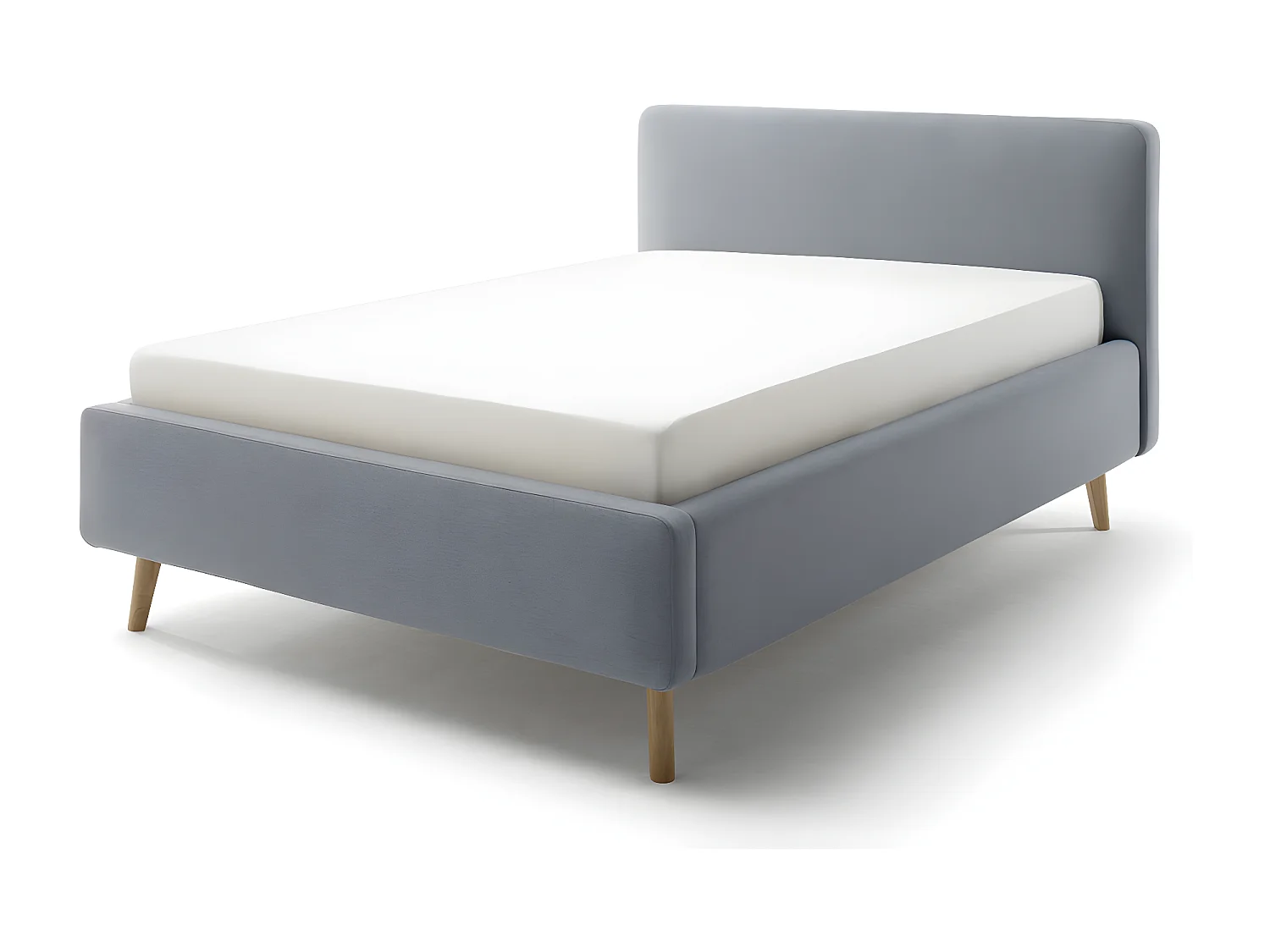 Lit rembourré adulte 140x200cm avec tête de lit en tissu bleu glacier, sommier et coffre