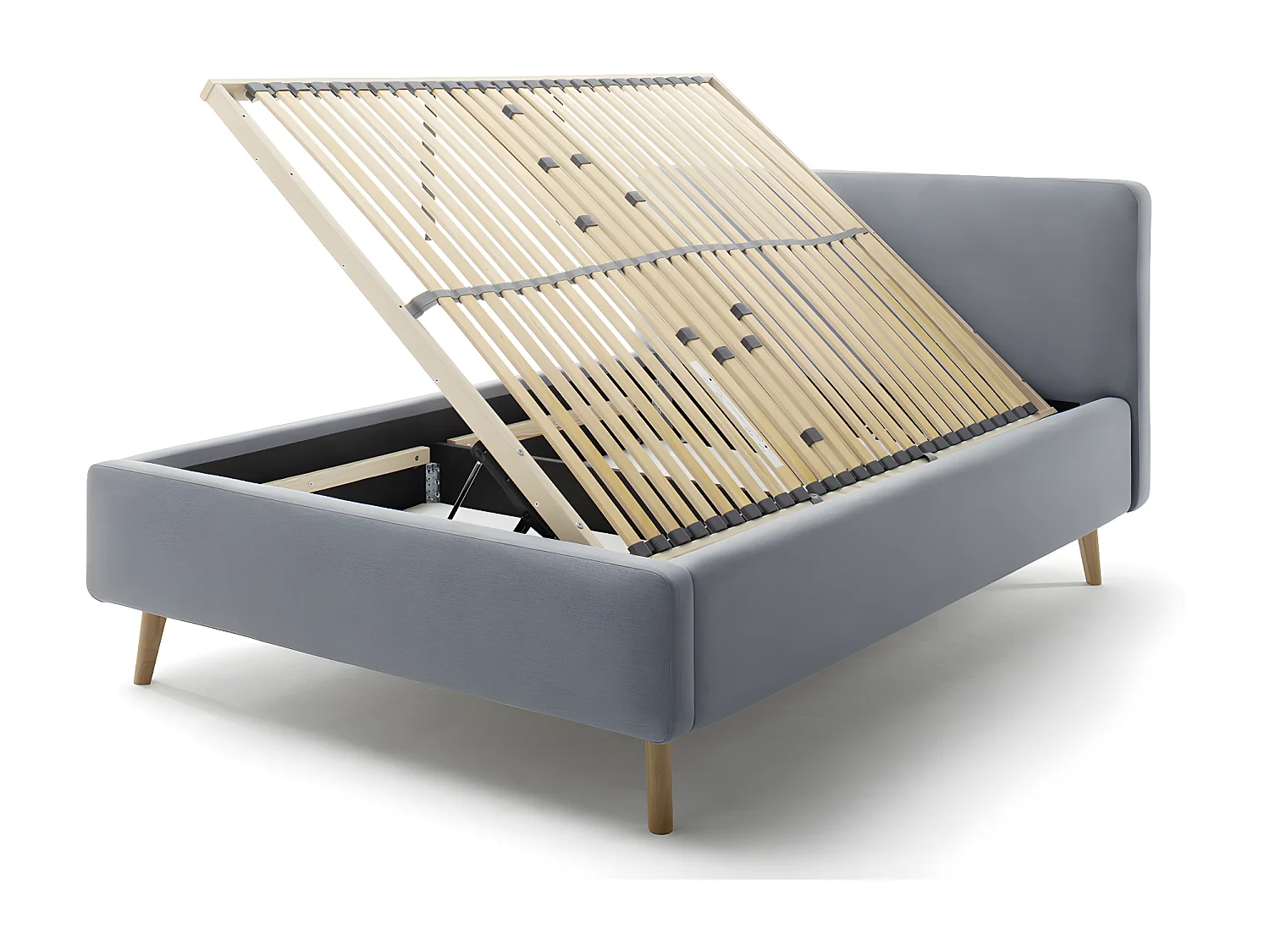 Lit rembourré adulte 140x200cm avec tête de lit en tissu bleu glacier, sommier et coffre