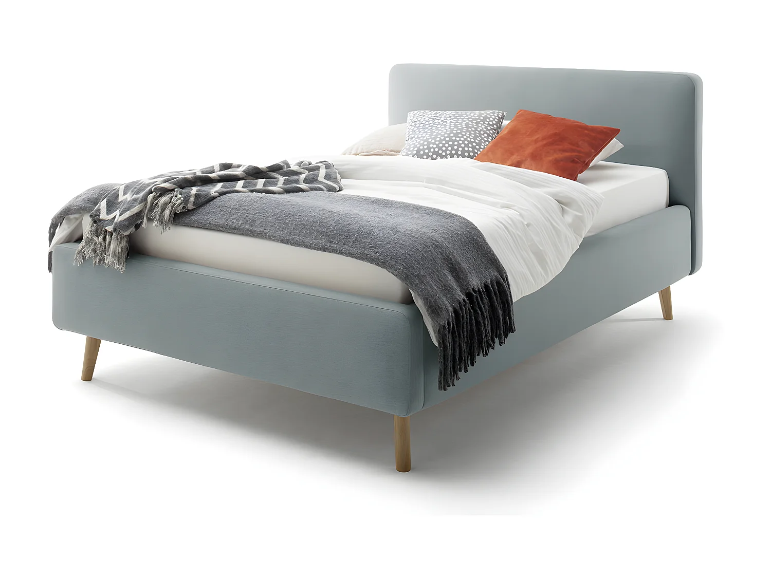 Lit rembourré adulte 140x200cm avec tête de lit en tissu bleu glacier, sommier et coffre