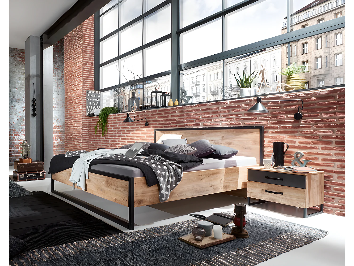 Lit futon adulte et 2 chevets Imitation chêne poutre rechampis raw steel - 160 x 200 cm