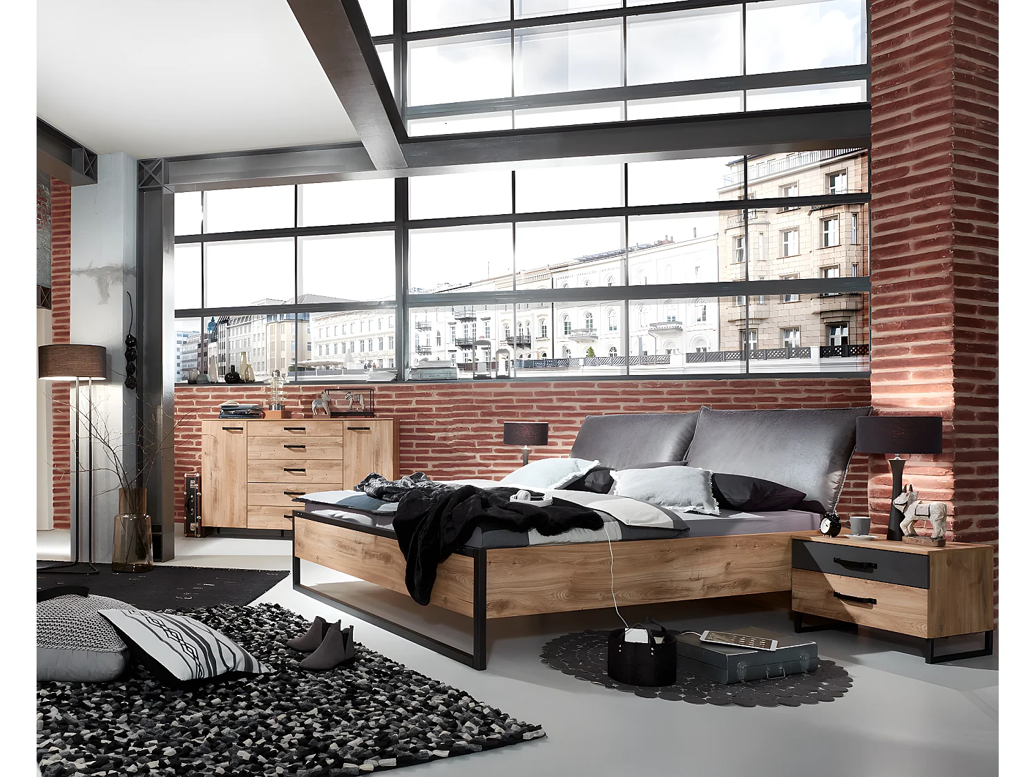 Lit futon adulte et 2 chevets Imitation chêne poutre rechampis raw steel - 160 x 200 cm