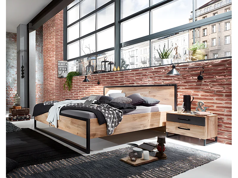 Lit futon adulte et 2 chevets Imitation chêne poutre rechampis raw steel - 160 x 200 cm