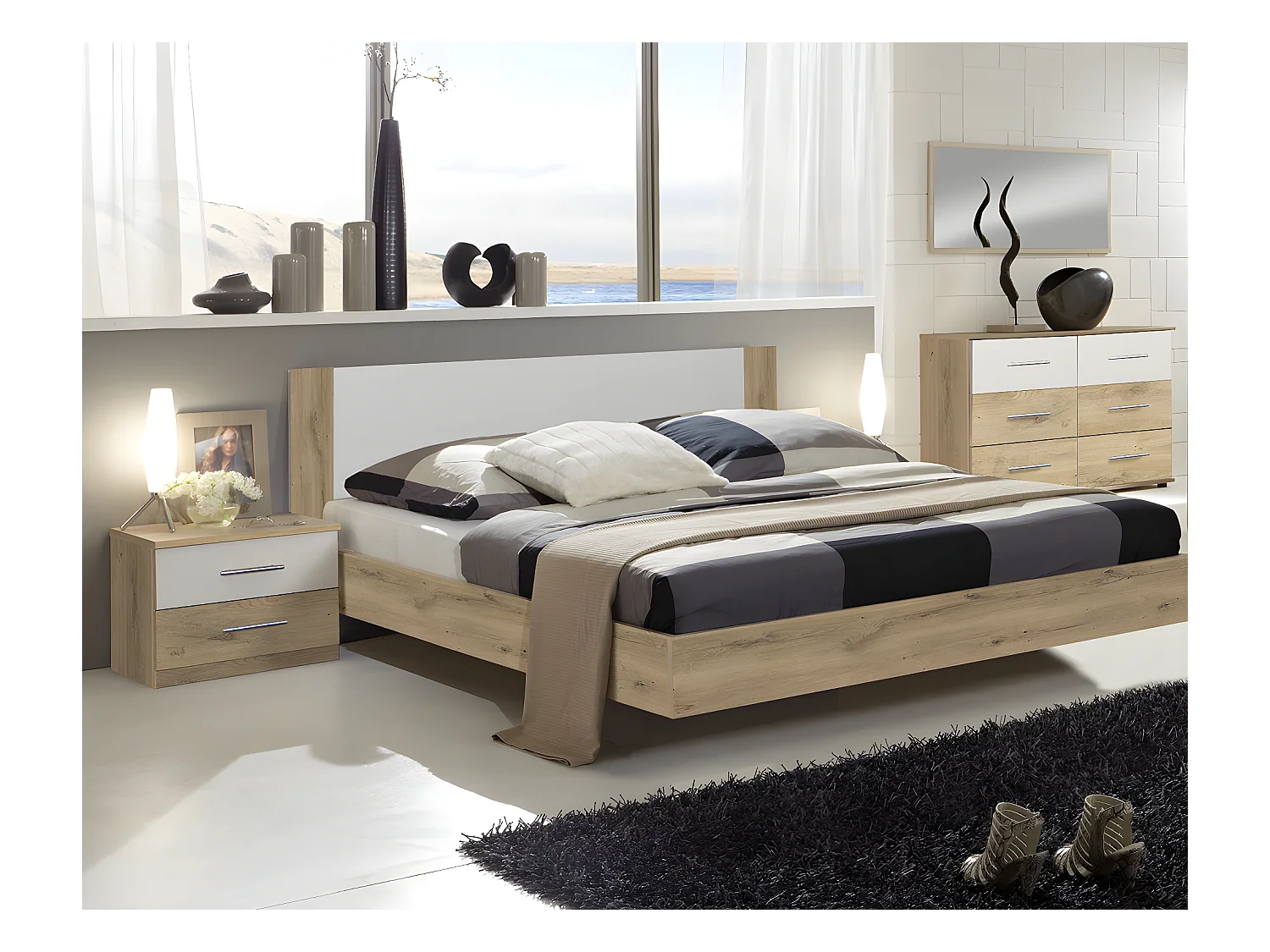 Lit adulte double + 2 chevets coloris imitation chêne poutre/blanc - L. 149 x P. 210 x H. 80 cm