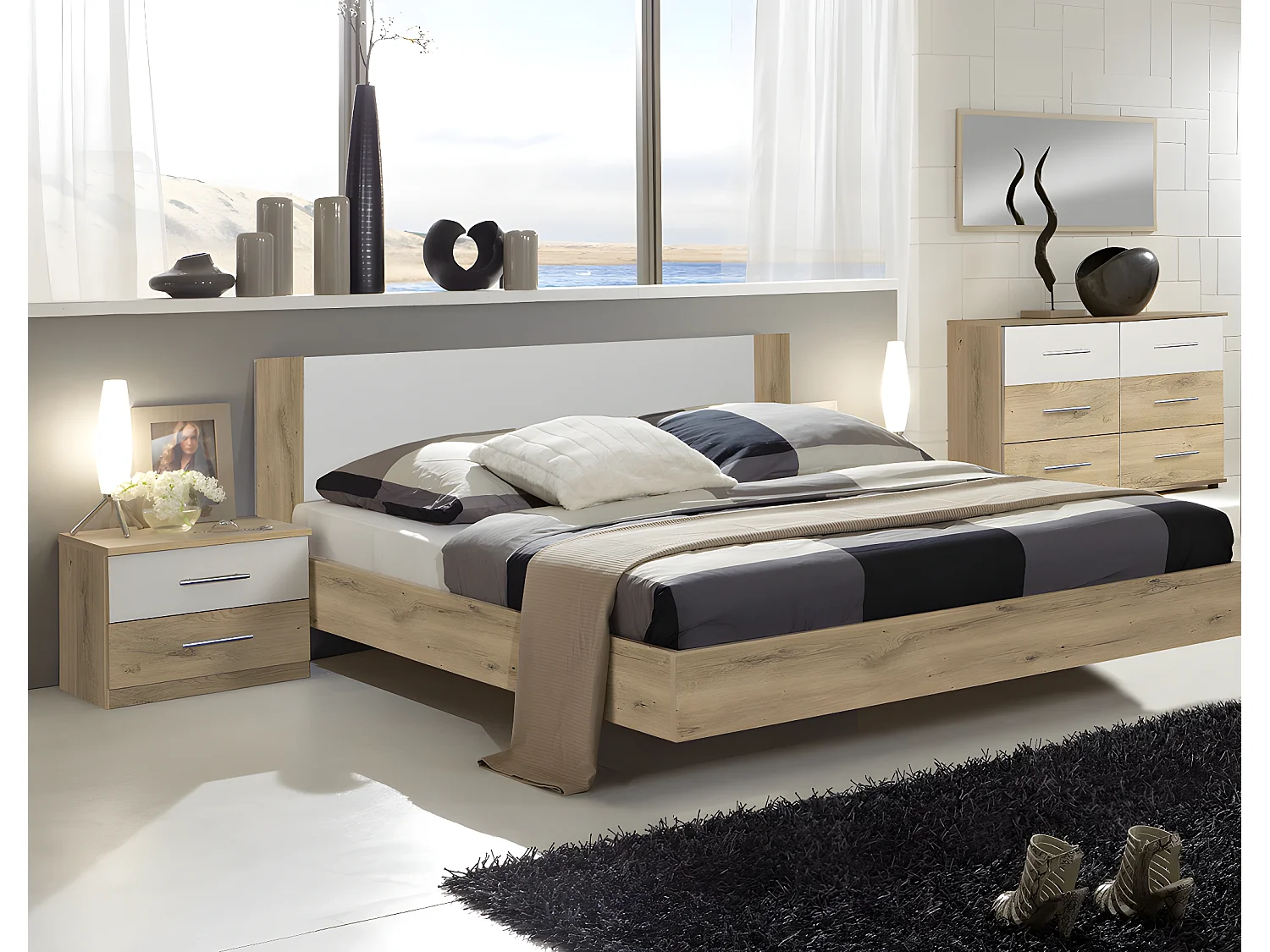 Lit adulte double + 2 chevets coloris imitation chêne poutre/blanc - L. 149 x P. 210 x H. 80 cm