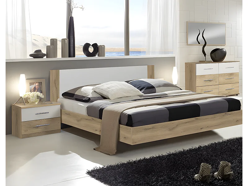 Lit adulte double + 2 chevets coloris imitation chêne poutre/blanc - L. 149 x P. 210 x H. 80 cm