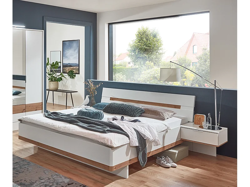 Lit adulte double 180x200 cm King Size + 2 chevets coloris blanc/imitation chêne artisan