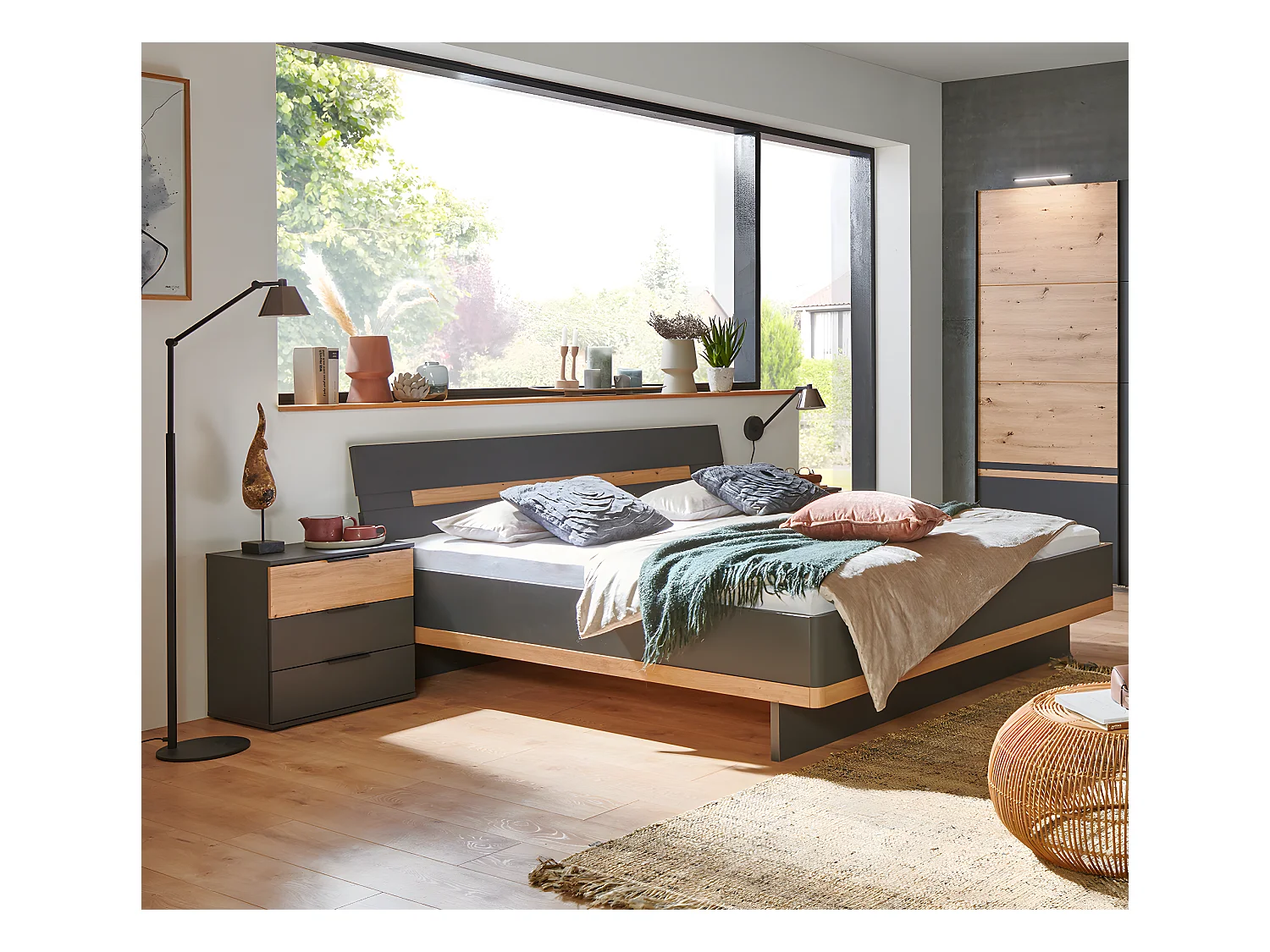 Lit adulte double 160x200cm Queen Size + 2 chevets coloris graphite/imitation chêne artisan