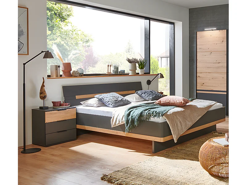 Lit adulte double 160x200cm Queen Size + 2 chevets coloris graphite/imitation chêne artisan