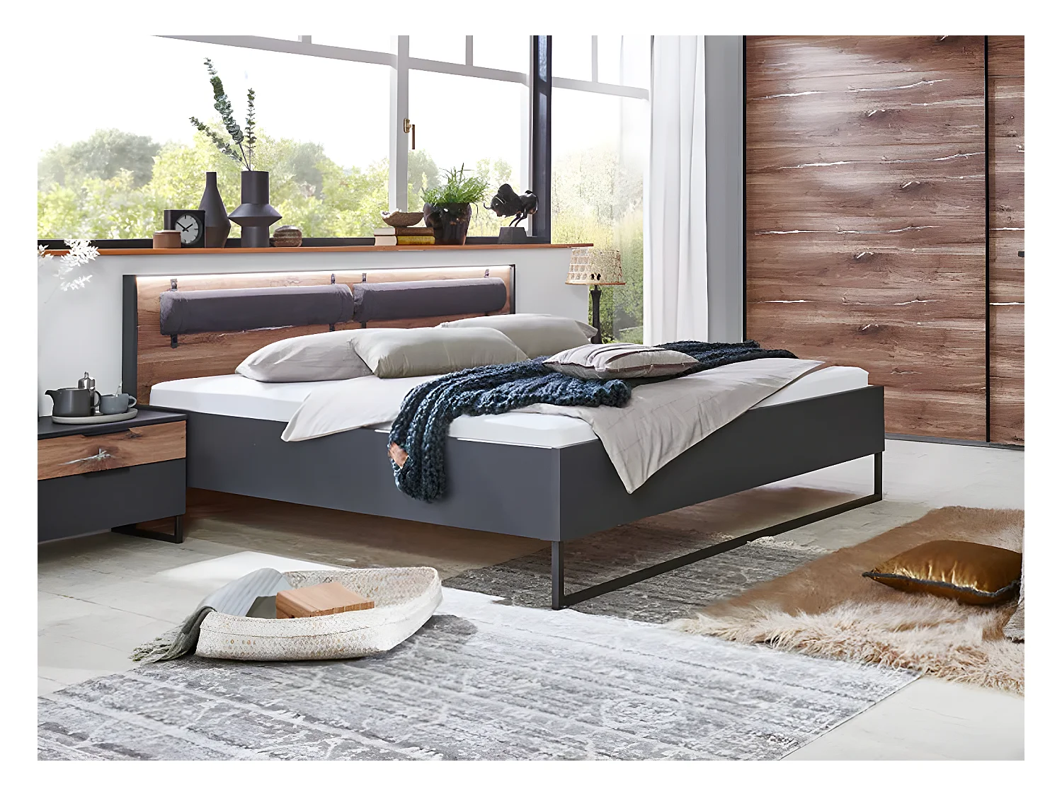 Lit adulte double 180x200 cm King Size + 2 chevets coloris imitation chêne /graphite