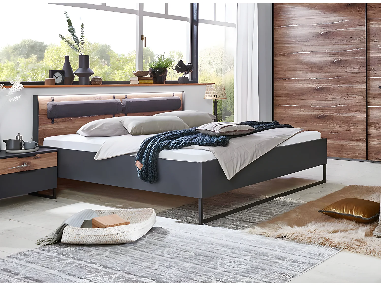 Lit adulte double 180x200 cm King Size + 2 chevets coloris imitation chêne /graphite