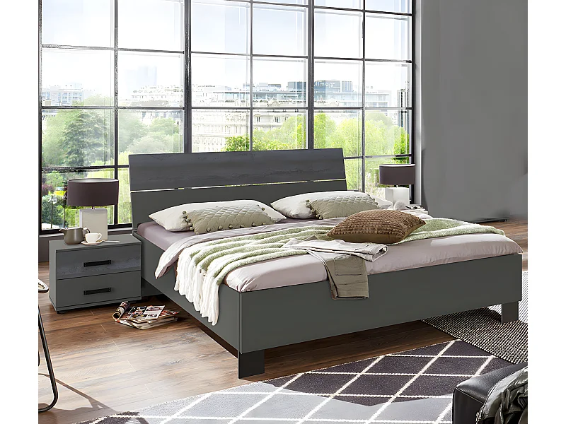 Lit adulte double + 2 chevets coloris gris foncé - L. 168 x P. 210 x H. 94 cm