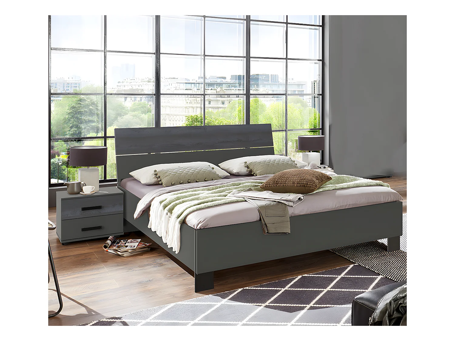 Lit adulte double + 2 chevets coloris gris foncé - L. 168 x P. 210 x H. 94 cm