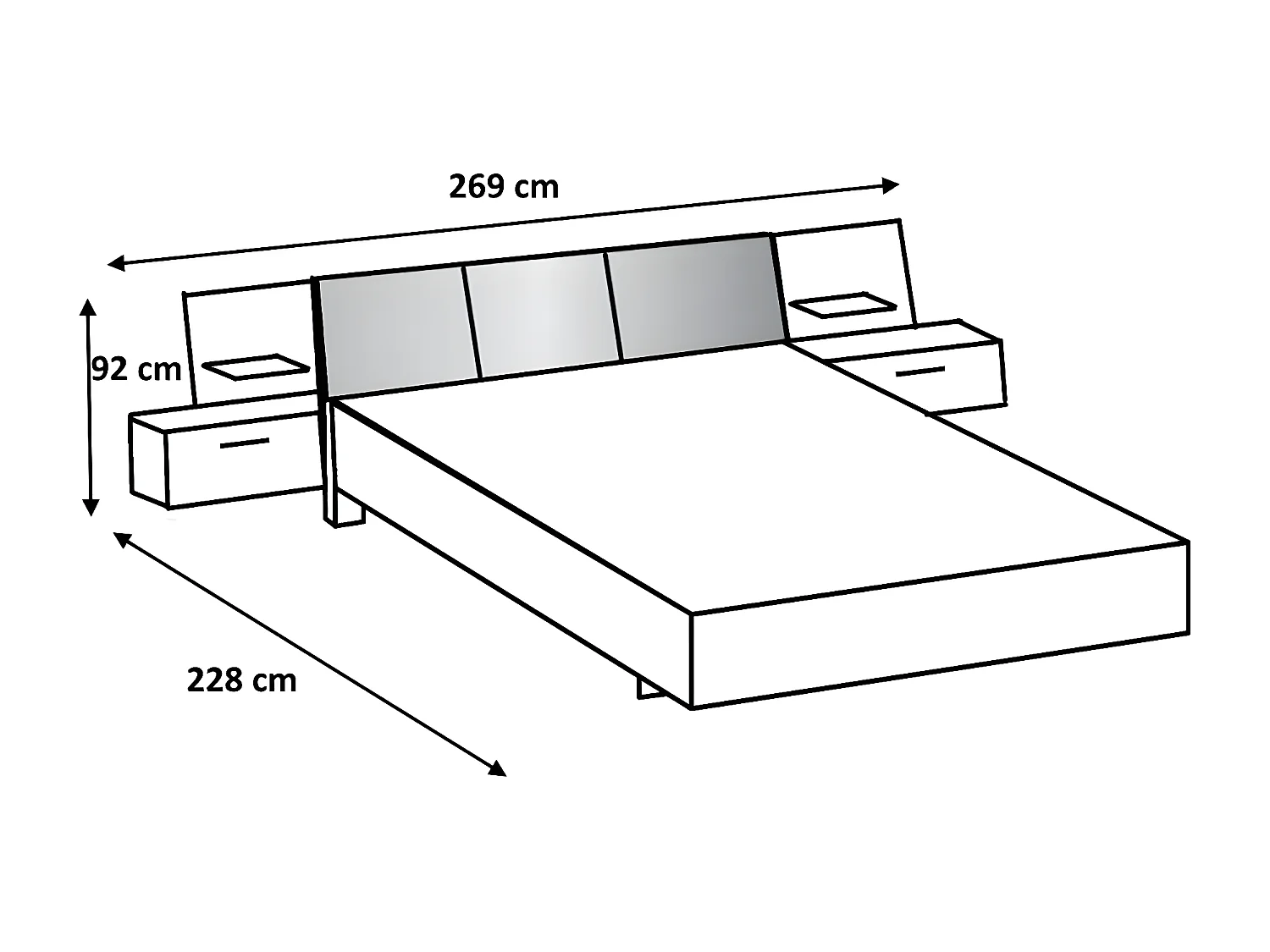 Lit adulte double 160x200 cm + 2 chevets coloris blanc/béton gris clair - L. 269 x P. 228 x H. 92 cm