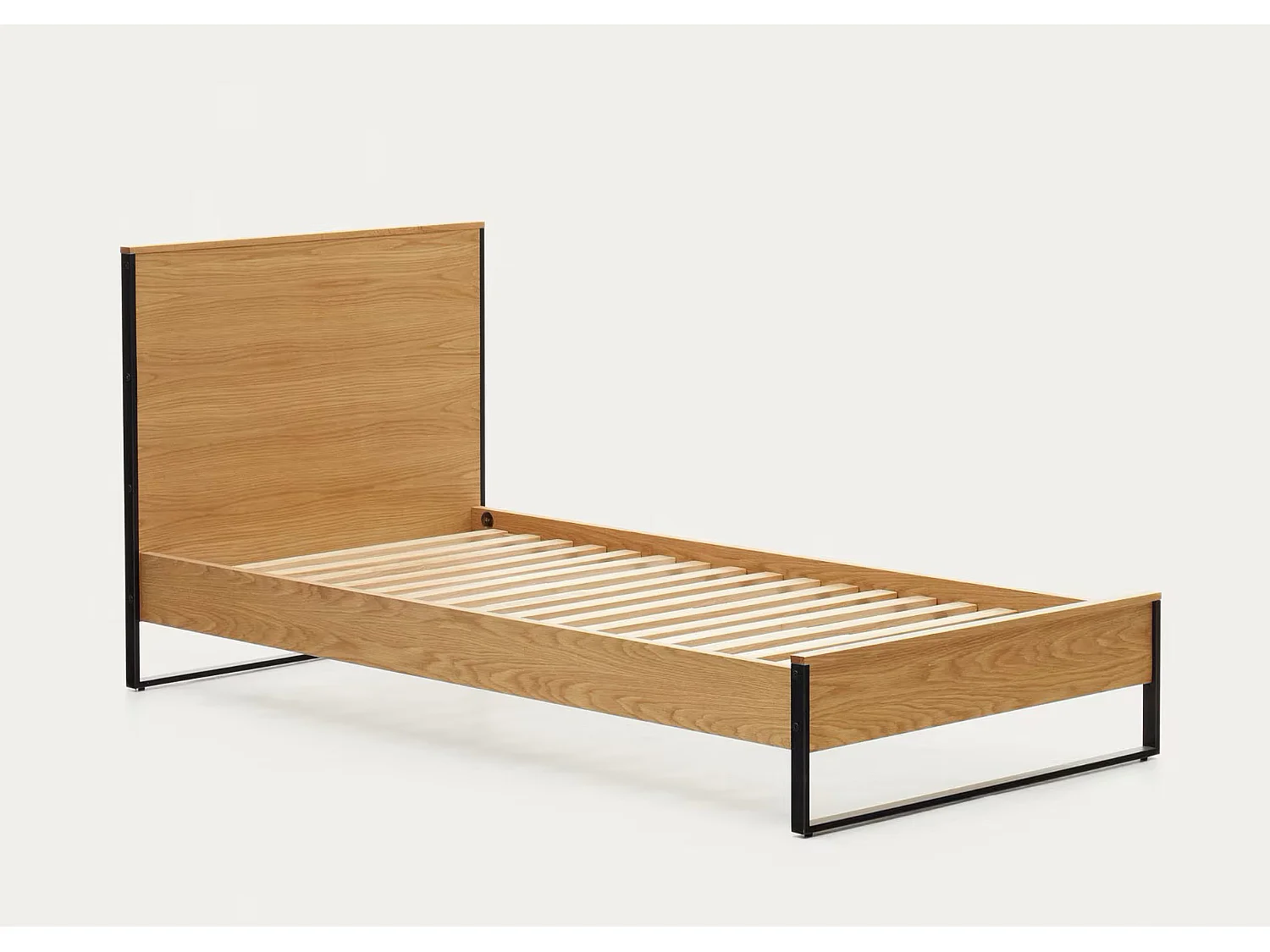 Lit en placage de chêne et pieds en acier finition noire - L. 103 x P. 204 x H. 97 cm