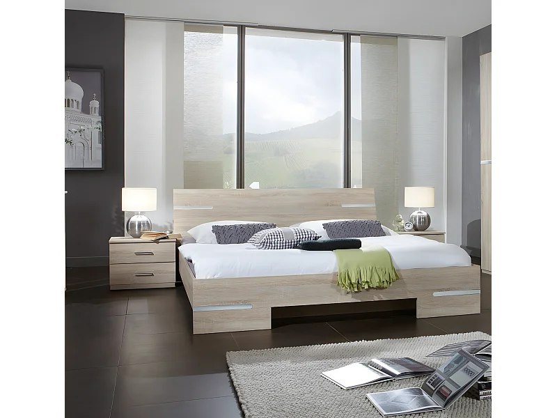 Lit adulte double + chevets coloris imitation chêne/chrome brillant - L. 169 x P. 210 x H. 81 cm