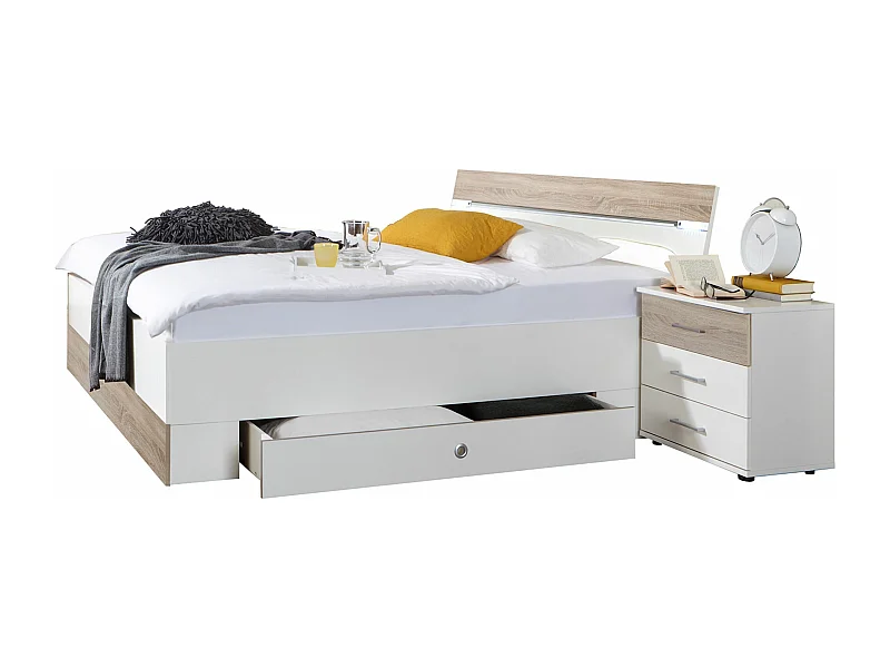 Lit adulte double 180x200 cm King Size + 2 chevets + 2 tiroirs coloris blanc /imitation chêne