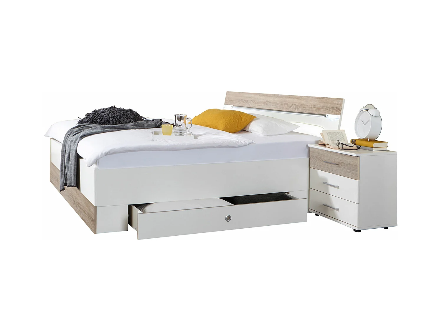 Lit adulte double 180x200 cm King Size + 2 chevets + 2 tiroirs coloris blanc /imitation chêne
